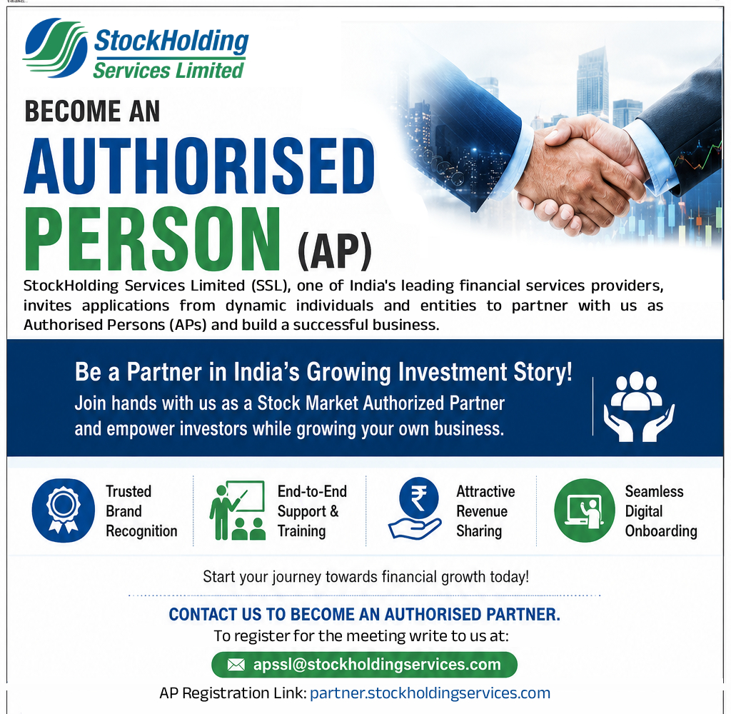 StockHolding Services Limited Authorised Person (AP) partnership program with benefits, contact details, and Gujarat city meeting schedule.